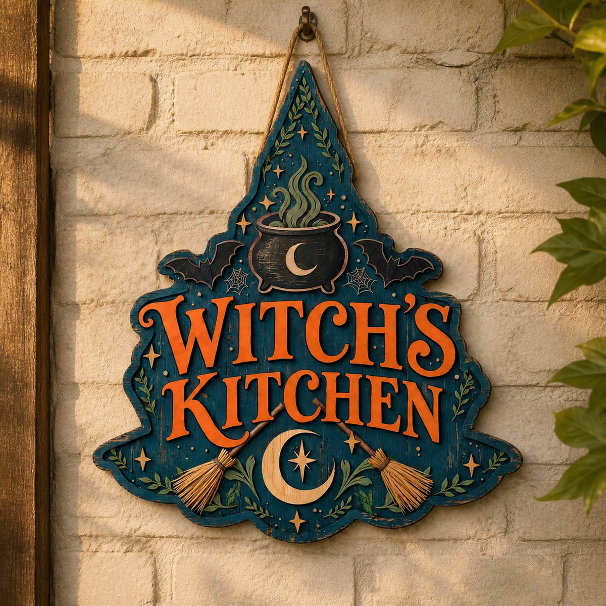 Witch'S Kitchen Wooden Sign, Crossed Brooms & Bats, Blue Hat Shape Wall Decor