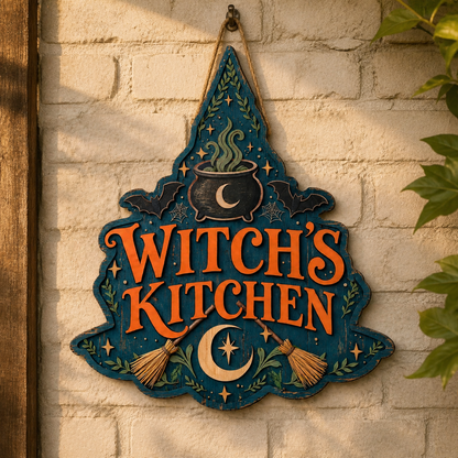 Witch'S Kitchen Wooden Sign, Crossed Brooms & Bats, Blue Hat Shape Wall Decor