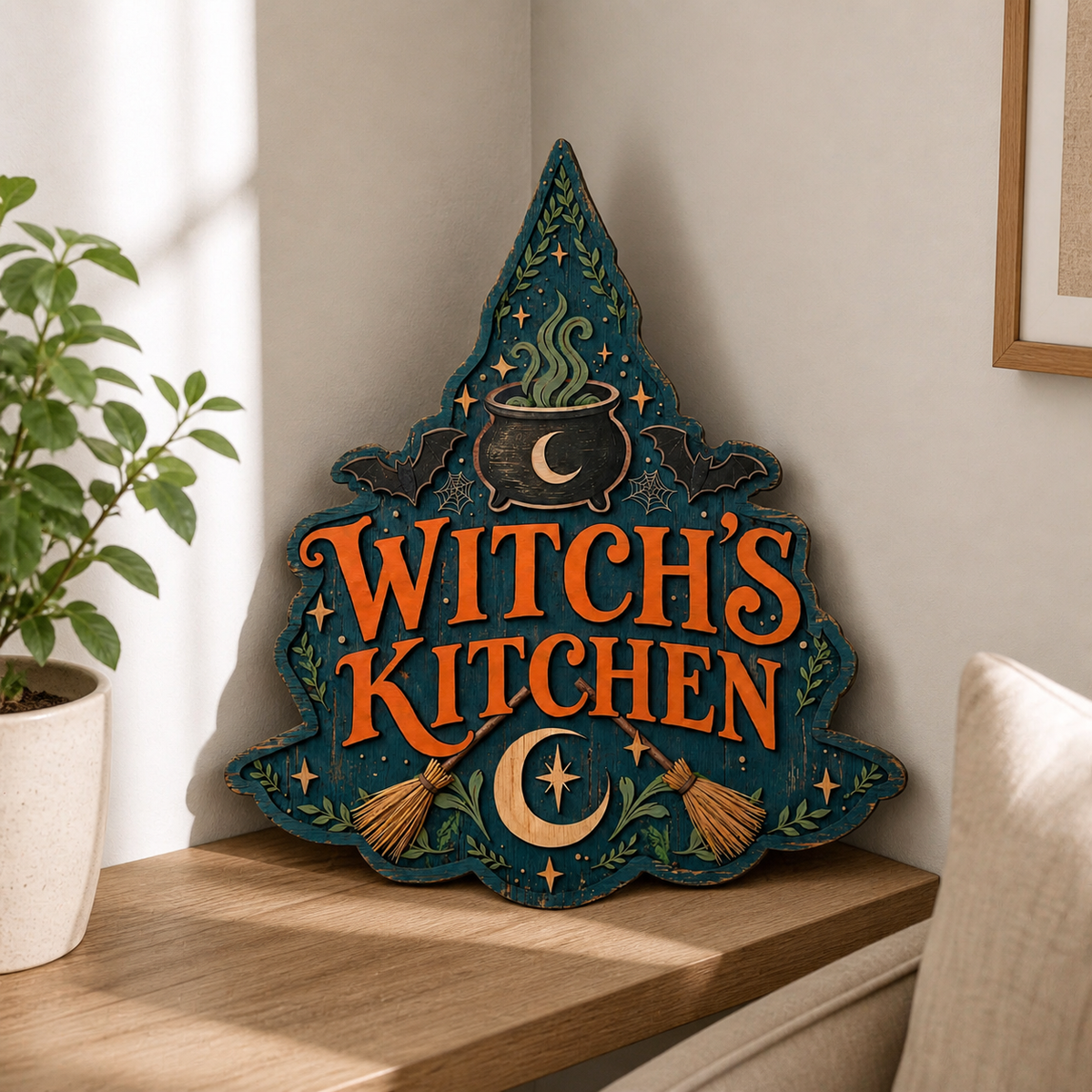 Witch'S Kitchen Wooden Sign, Crossed Brooms & Bats, Blue Hat Shape Wall Decor