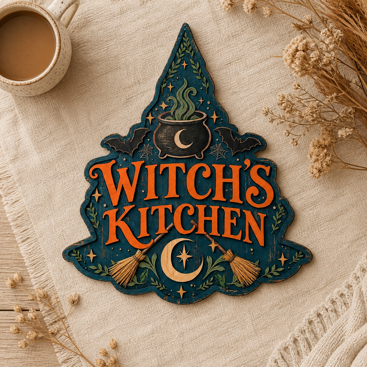 Witch'S Kitchen Wooden Sign, Crossed Brooms & Bats, Blue Hat Shape Wall Decor