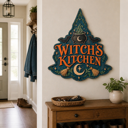 Witch'S Kitchen Wooden Sign, Crossed Brooms & Bats, Blue Hat Shape Wall Decor