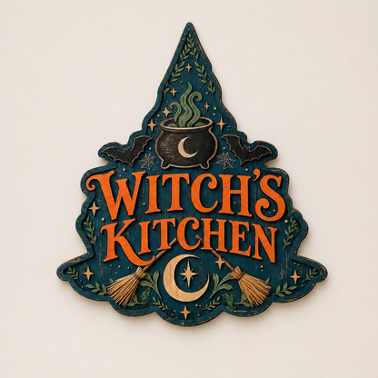 Witch'S Kitchen Wooden Sign, Crossed Brooms & Bats, Blue Hat Shape Wall Decor
