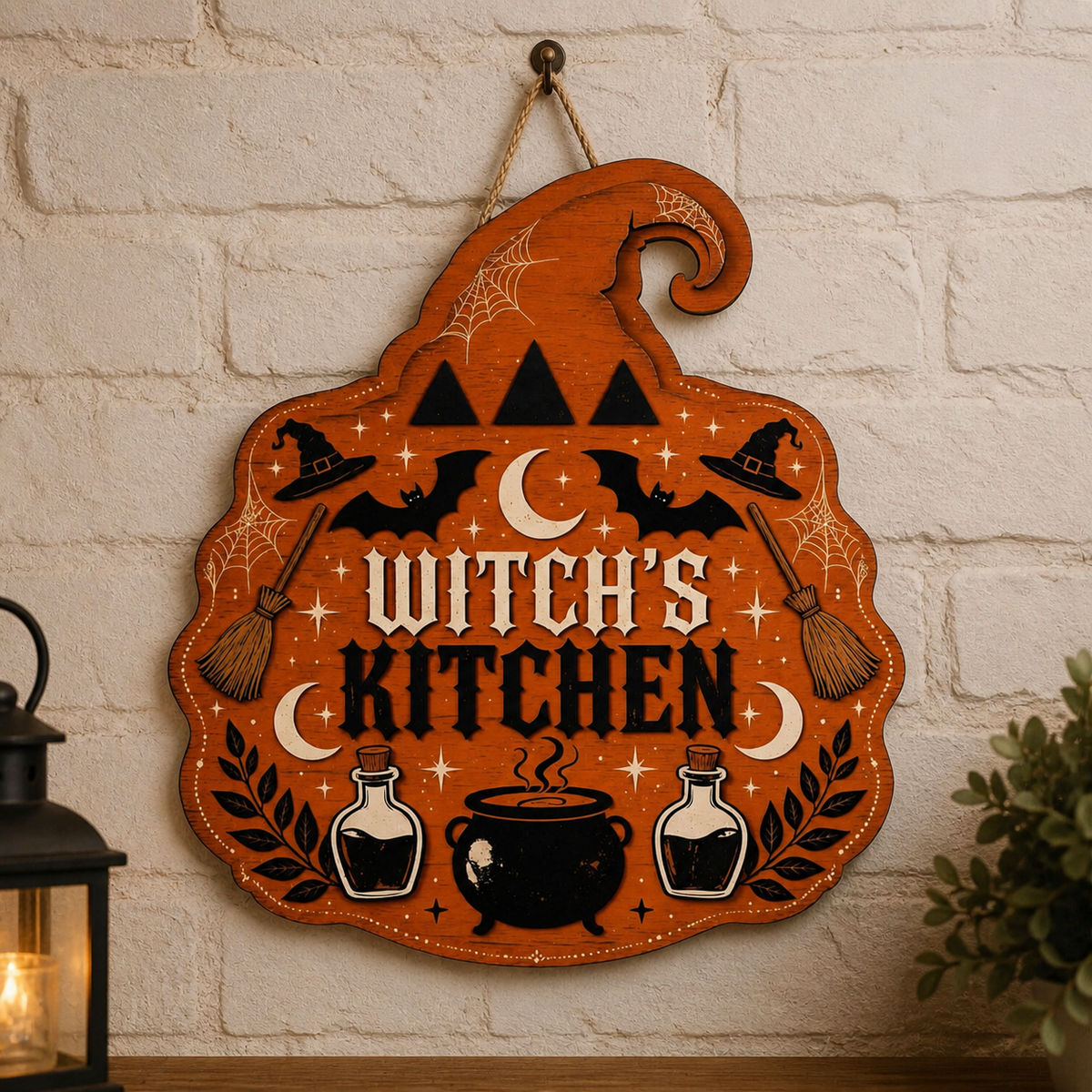 Witch's Kitchen Wooden Sign, Orange Hat Shape Door Hanger, Halloween Decor