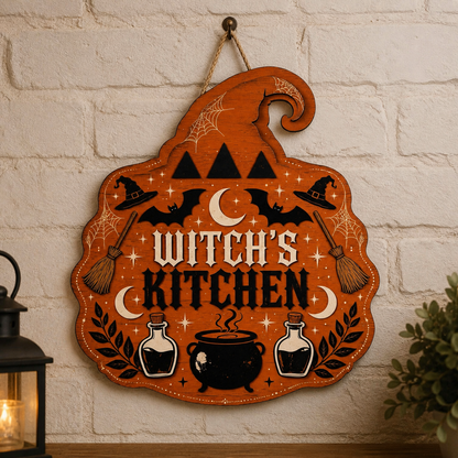 Witch's Kitchen Wooden Sign, Orange Hat Shape Door Hanger, Halloween Decor