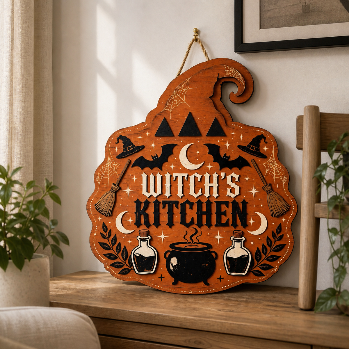 Witch's Kitchen Wooden Sign, Orange Hat Shape Door Hanger, Halloween Decor