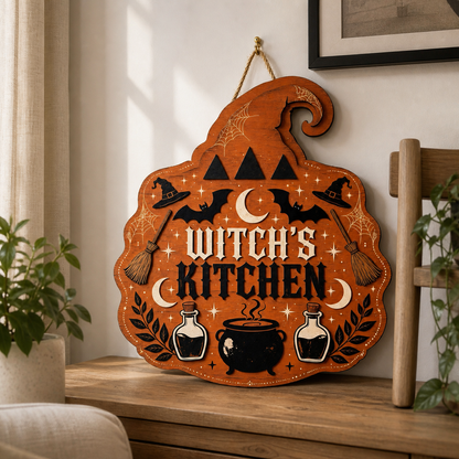 Witch's Kitchen Wooden Sign, Orange Hat Shape Door Hanger, Halloween Decor