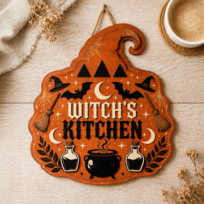 Witch's Kitchen Wooden Sign, Orange Hat Shape Door Hanger, Halloween Decor