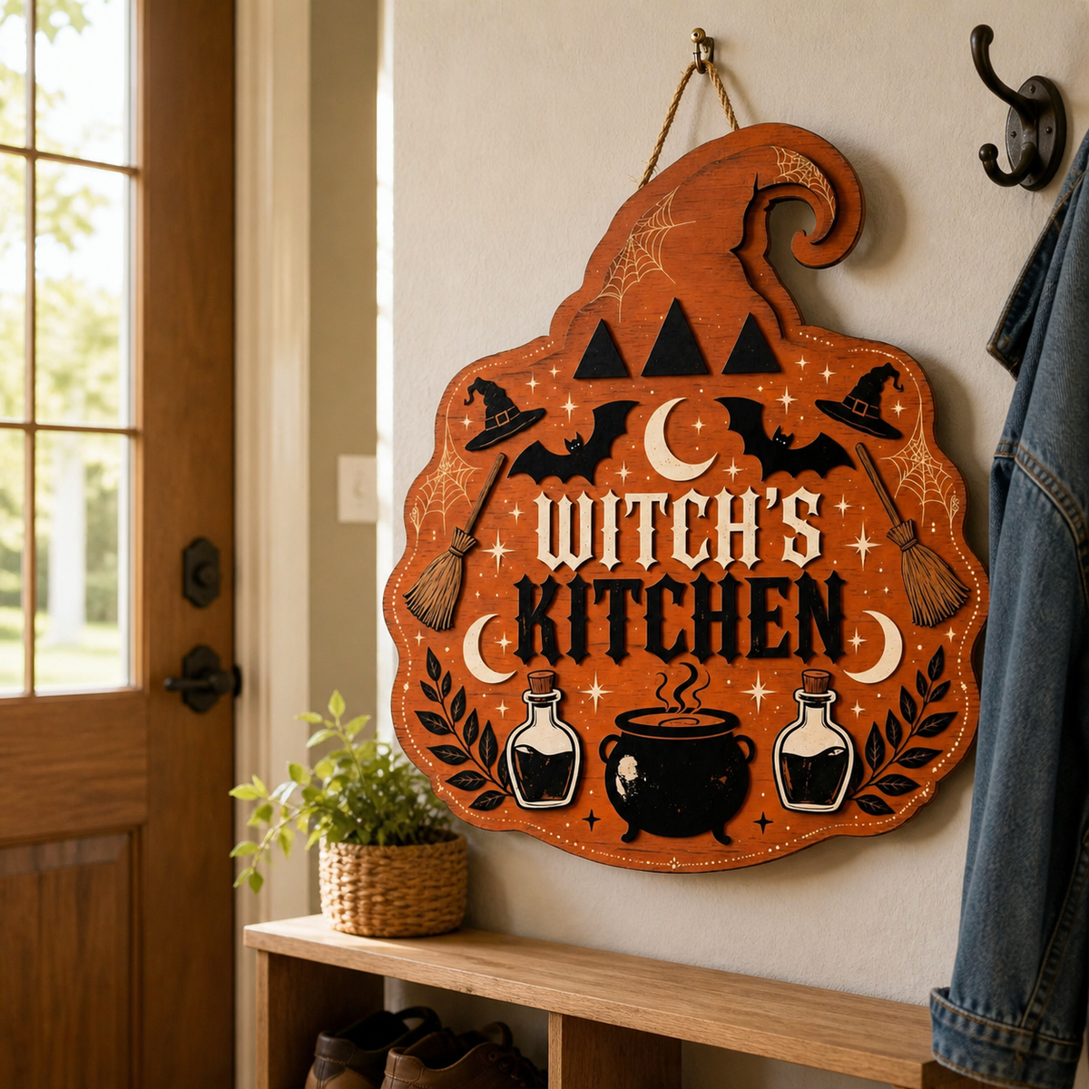 Witch's Kitchen Wooden Sign, Orange Hat Shape Door Hanger, Halloween Decor