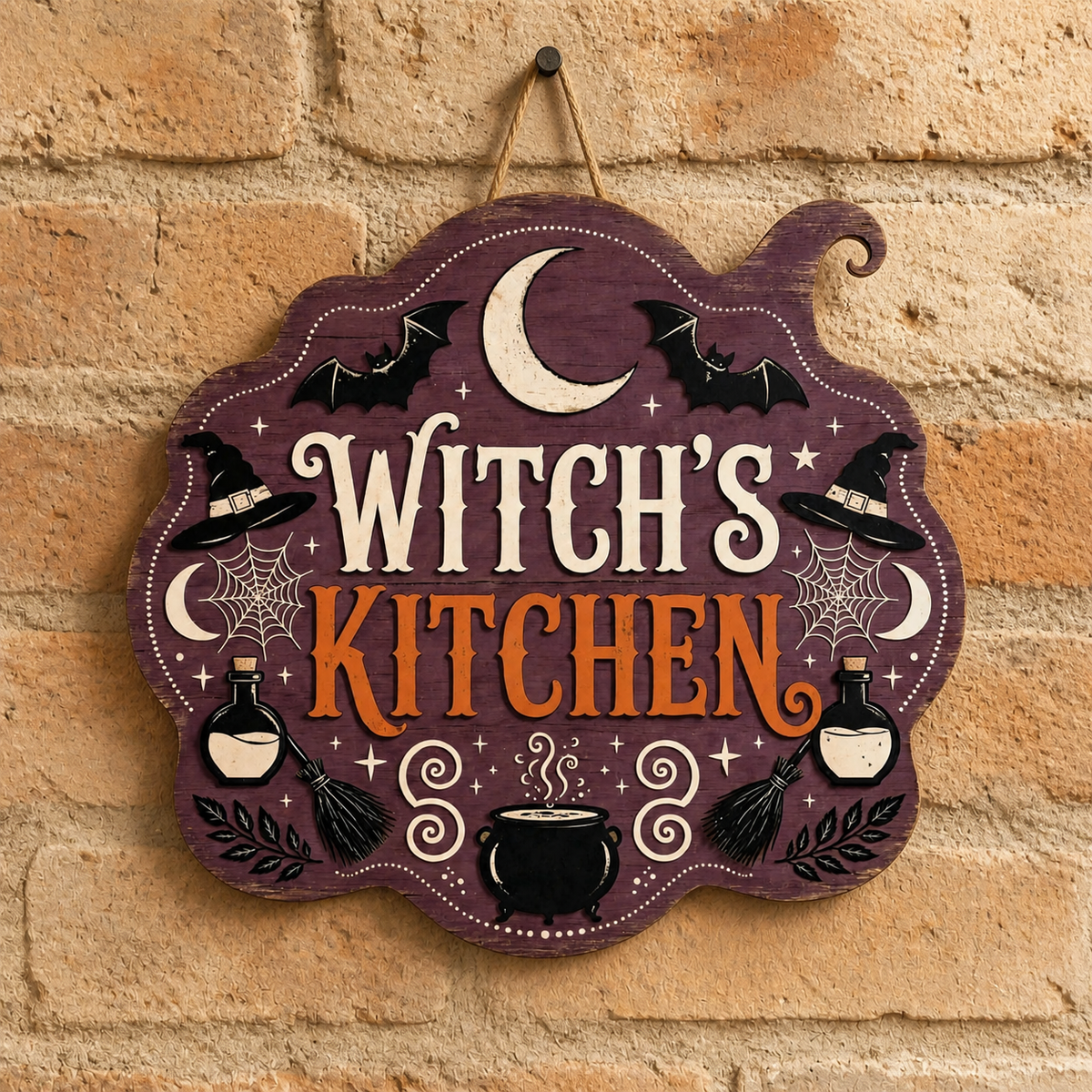 Witch's Kitchen Wooden Sign, Crescent Moon Spiderwebs & Brooms Decor