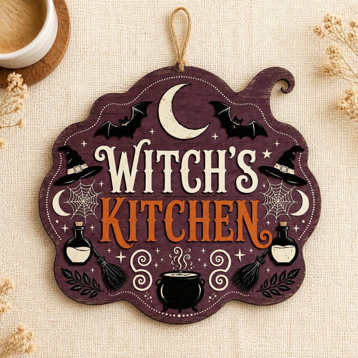 Witch's Kitchen Wooden Sign, Crescent Moon Spiderwebs & Brooms Decor