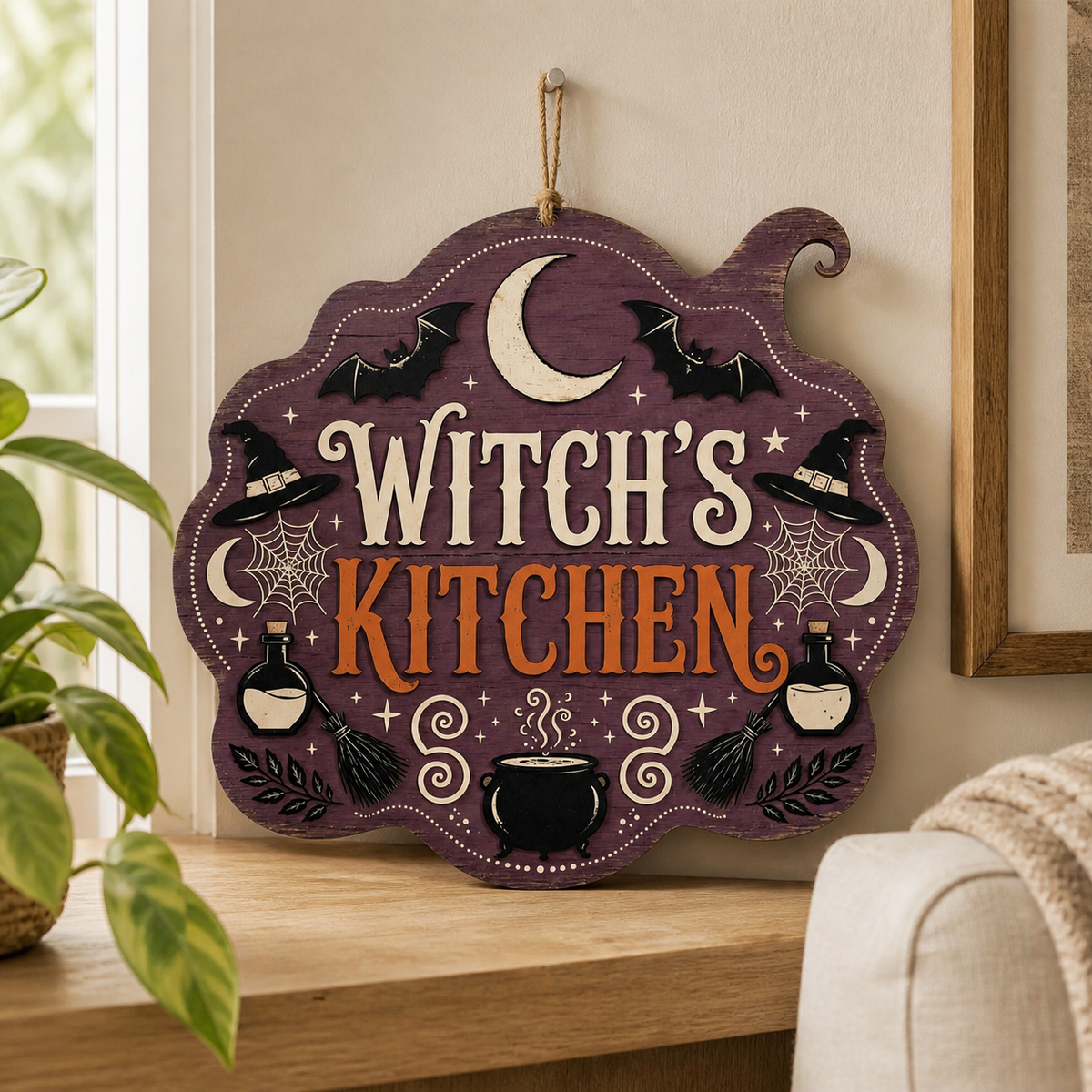 Witch's Kitchen Wooden Sign, Crescent Moon Spiderwebs & Brooms Decor