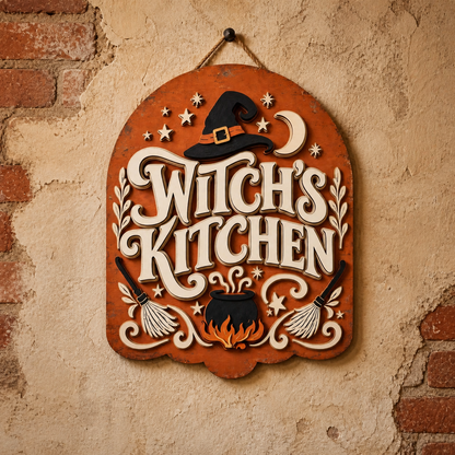 Witch's Kitchen Wooden Sign Orange Arch Door Hanger Spooky Halloween Decor