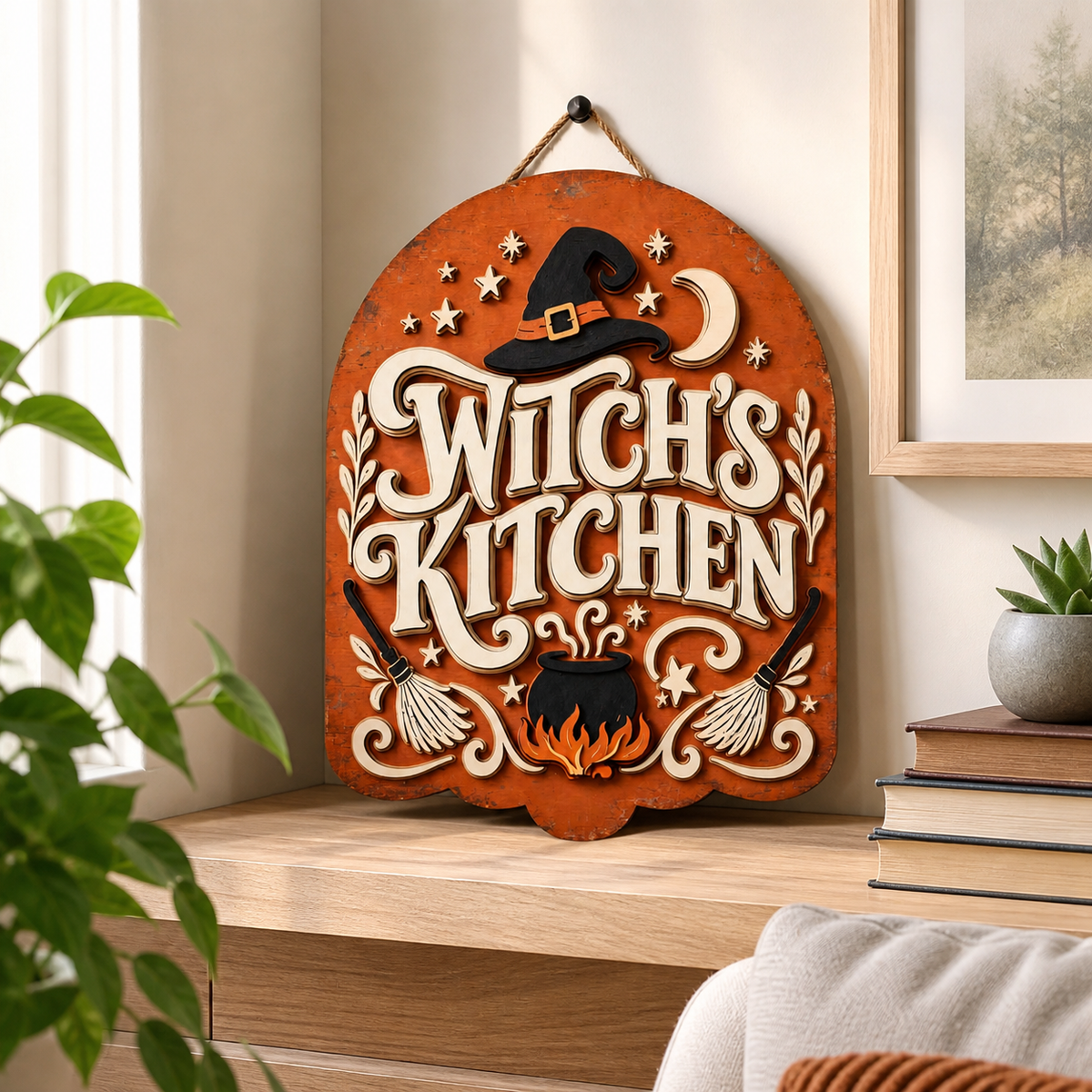 Witch's Kitchen Wooden Sign Orange Arch Door Hanger Spooky Halloween Decor