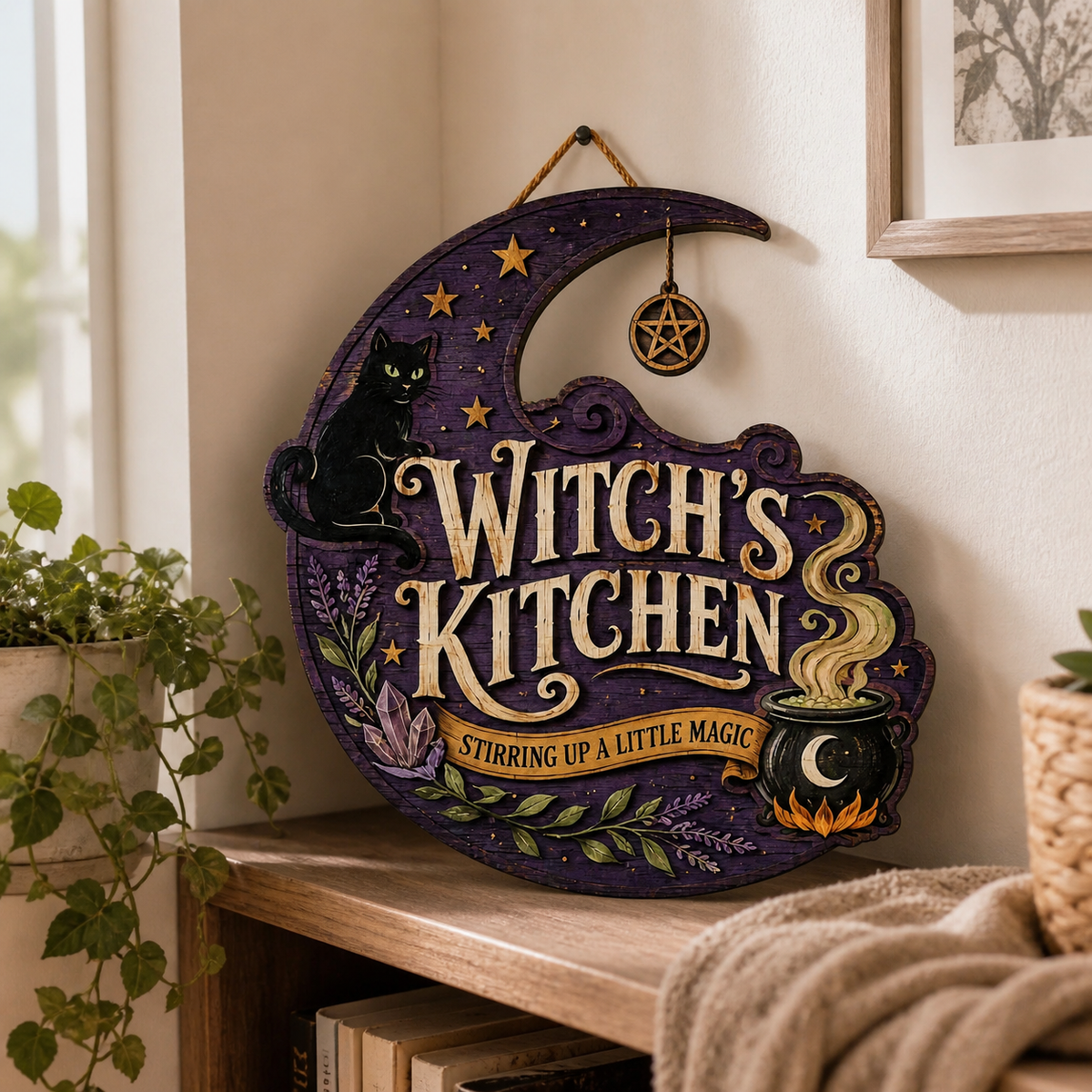 Witch's Kitchen Wooden Sign, Halloween Decor With Purple Moon, Black Cat Stirring Magic