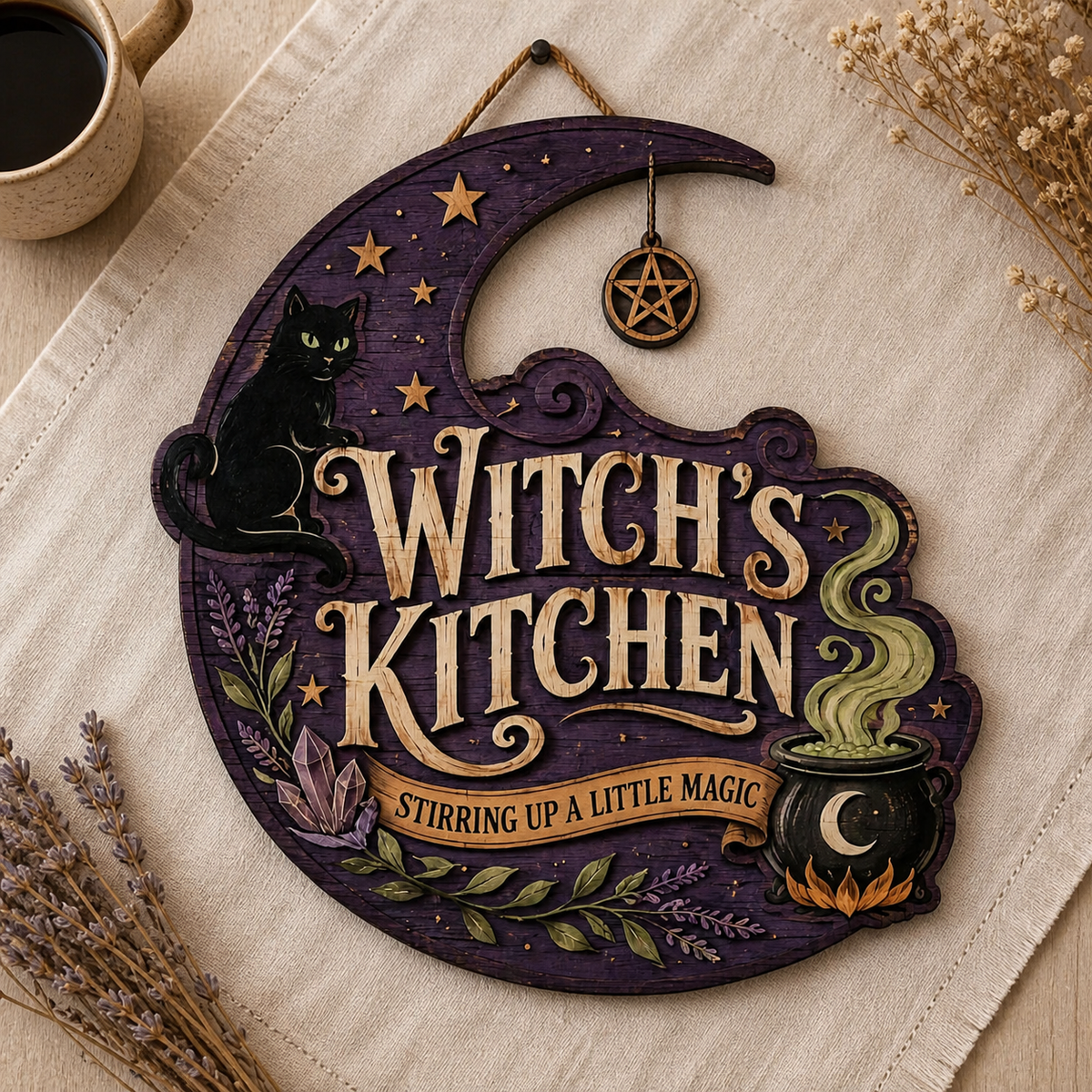 Witch's Kitchen Wooden Sign, Halloween Decor With Purple Moon, Black Cat Stirring Magic