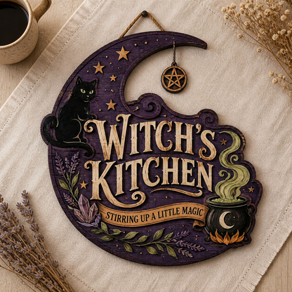 Witch's Kitchen Wooden Sign, Halloween Decor With Purple Moon, Black Cat Stirring Magic