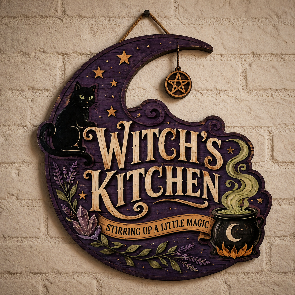 Witch's Kitchen Wooden Sign, Halloween Decor With Purple Moon, Black Cat Stirring Magic