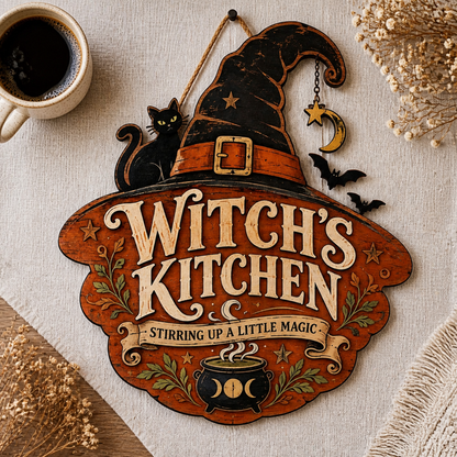 Witch's Kitchen Wooden Sign, Cat Bats & Triple Moon Stirring Magic Decor
