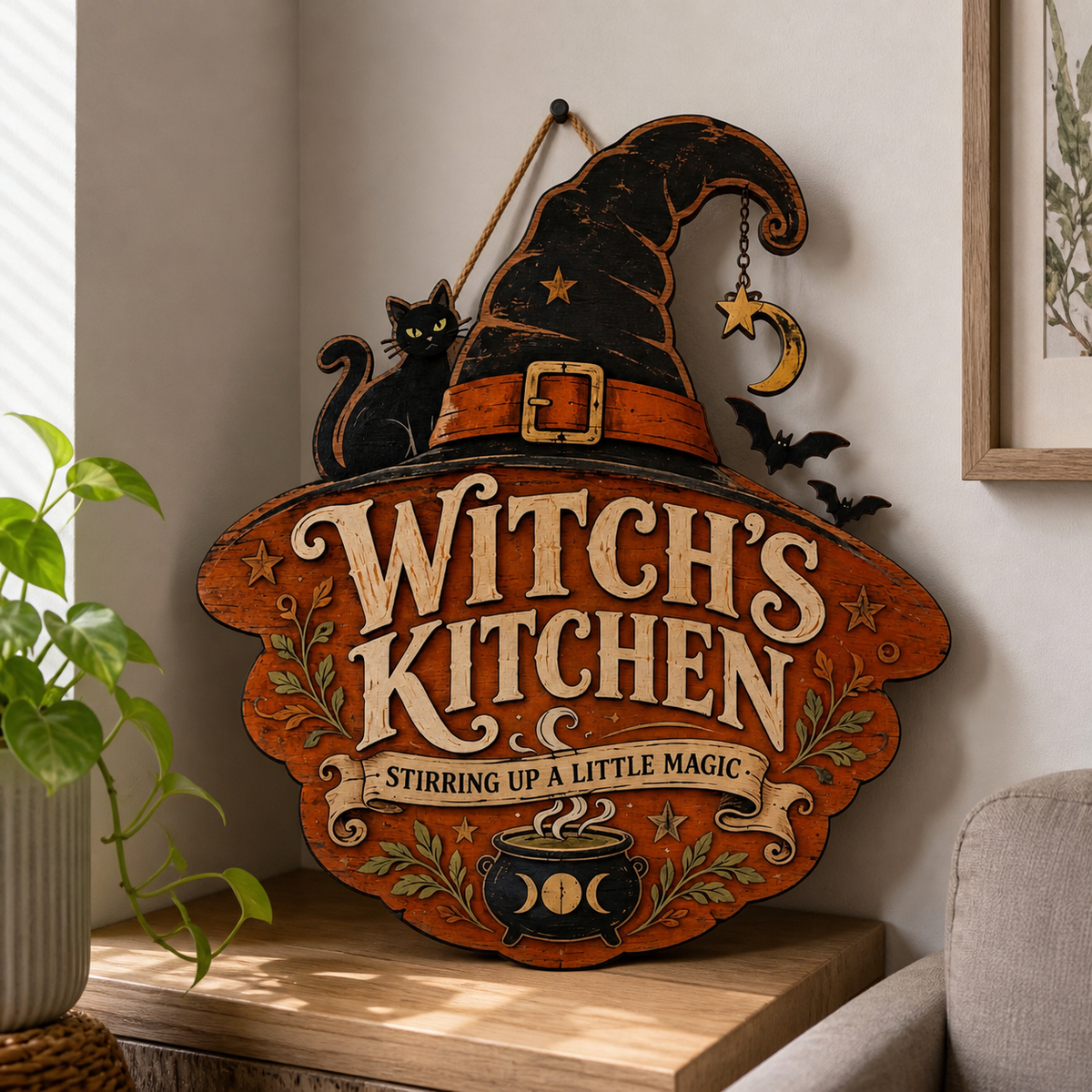 Witch's Kitchen Wooden Sign, Cat Bats & Triple Moon Stirring Magic Decor