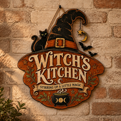 Witch's Kitchen Wooden Sign, Cat Bats & Triple Moon Stirring Magic Decor