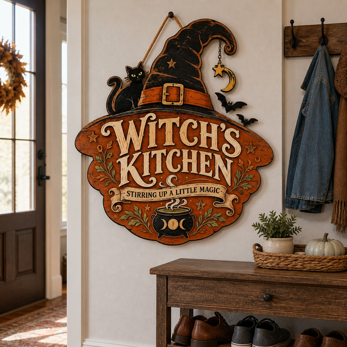 Witch's Kitchen Wooden Sign, Cat Bats & Triple Moon Stirring Magic Decor