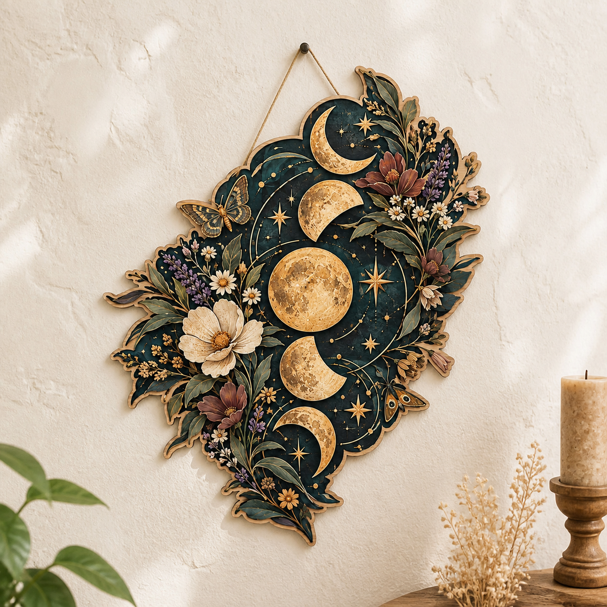 Gold Moon Phase Wooden Sign Lunar Cycle Butterflies Floral Wall Decor