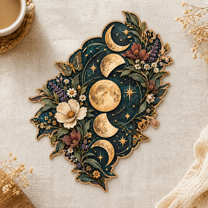 Gold Moon Phase Wooden Sign Lunar Cycle Butterflies Floral Wall Decor
