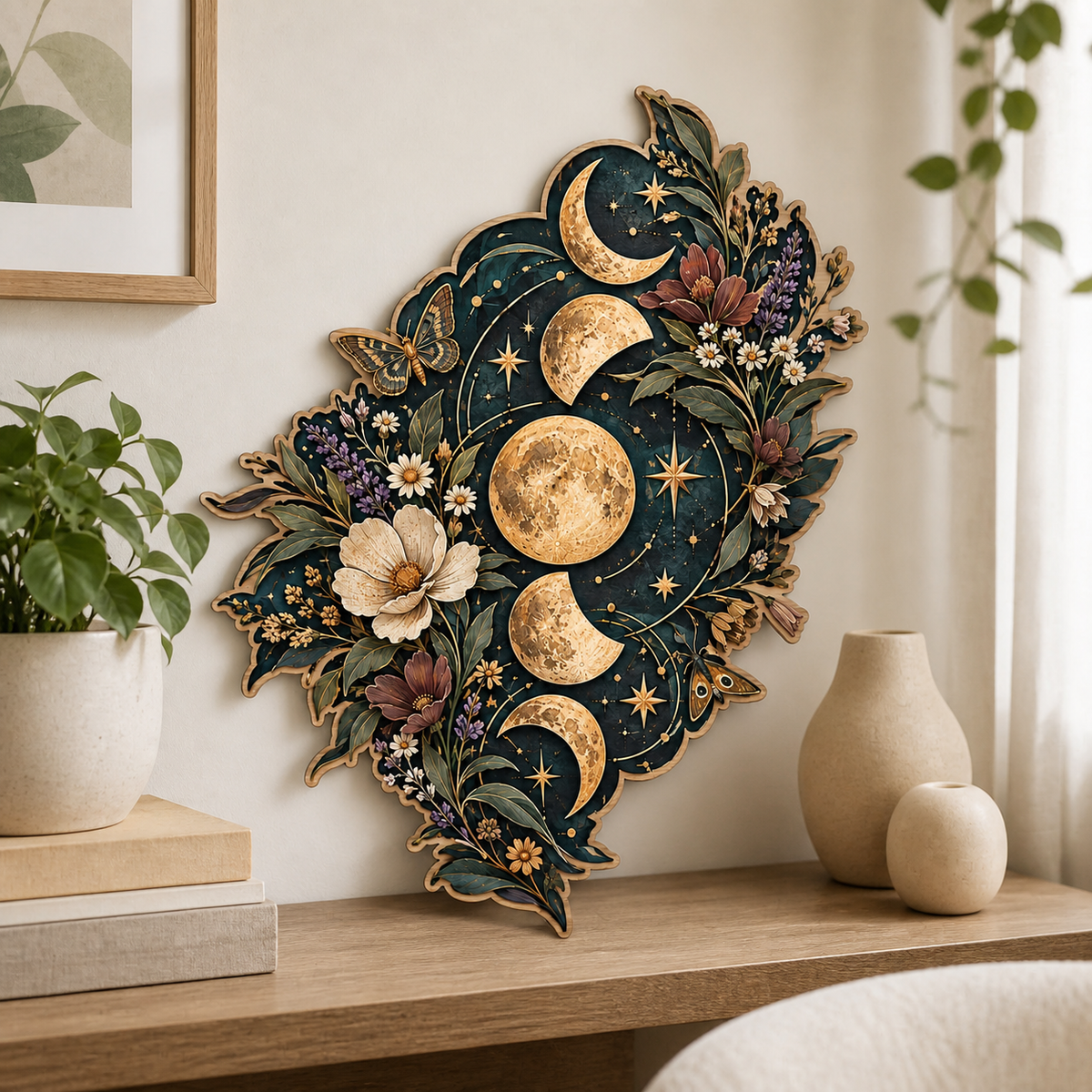 Gold Moon Phase Wooden Sign Lunar Cycle Butterflies Floral Wall Decor