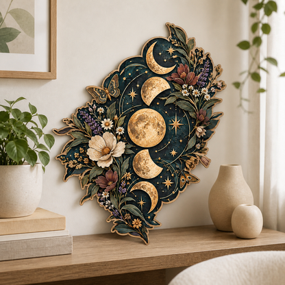 Gold Moon Phase Wooden Sign Lunar Cycle Butterflies Floral Wall Decor