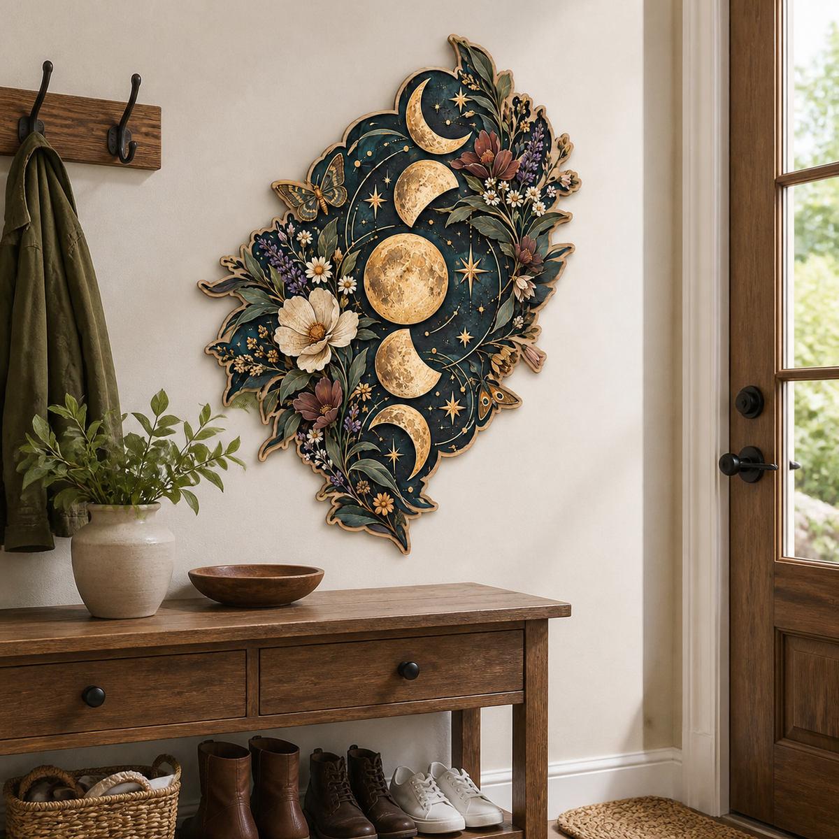 Gold Moon Phase Wooden Sign Lunar Cycle Butterflies Floral Wall Decor