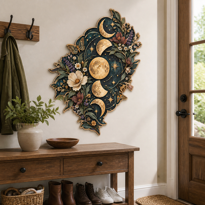 Gold Moon Phase Wooden Sign Lunar Cycle Butterflies Floral Wall Decor