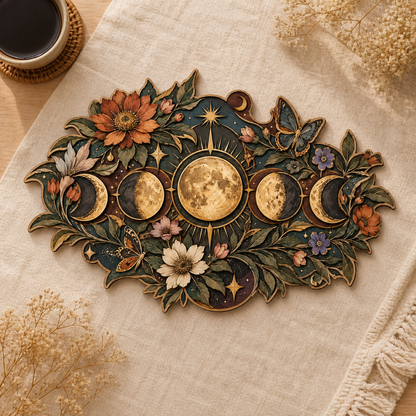 Gold Moon Phase Wooden Sign Full Moon Sunburst Butterflies Wildflowers