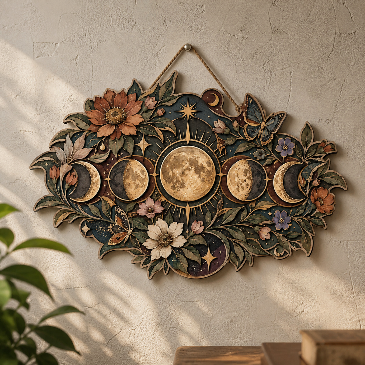 Gold Moon Phase Wooden Sign Full Moon Sunburst Butterflies Wildflowers