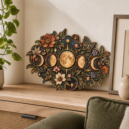 Gold Moon Phase Wooden Sign Full Moon Sunburst Butterflies Wildflowers