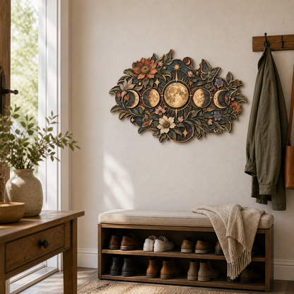 Gold Moon Phase Wooden Sign Full Moon Sunburst Butterflies Wildflowers