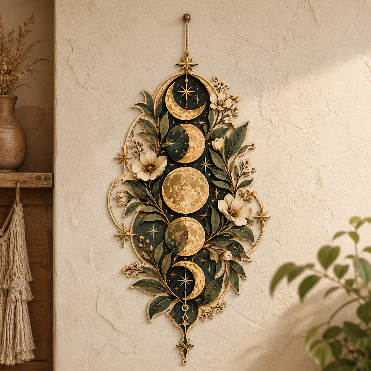 Gold Moon Phase Wooden Sign Crescent Full Moon Floral Gold Leaf Decor