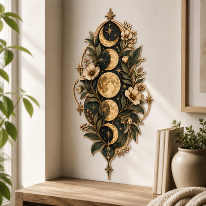 Gold Moon Phase Wooden Sign Crescent Full Moon Floral Gold Leaf Decor
