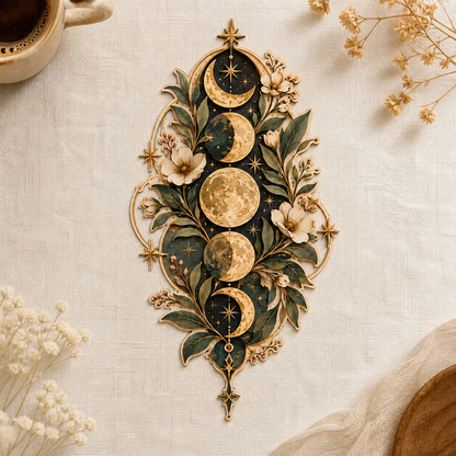 Gold Moon Phase Wooden Sign Crescent Full Moon Floral Gold Leaf Decor