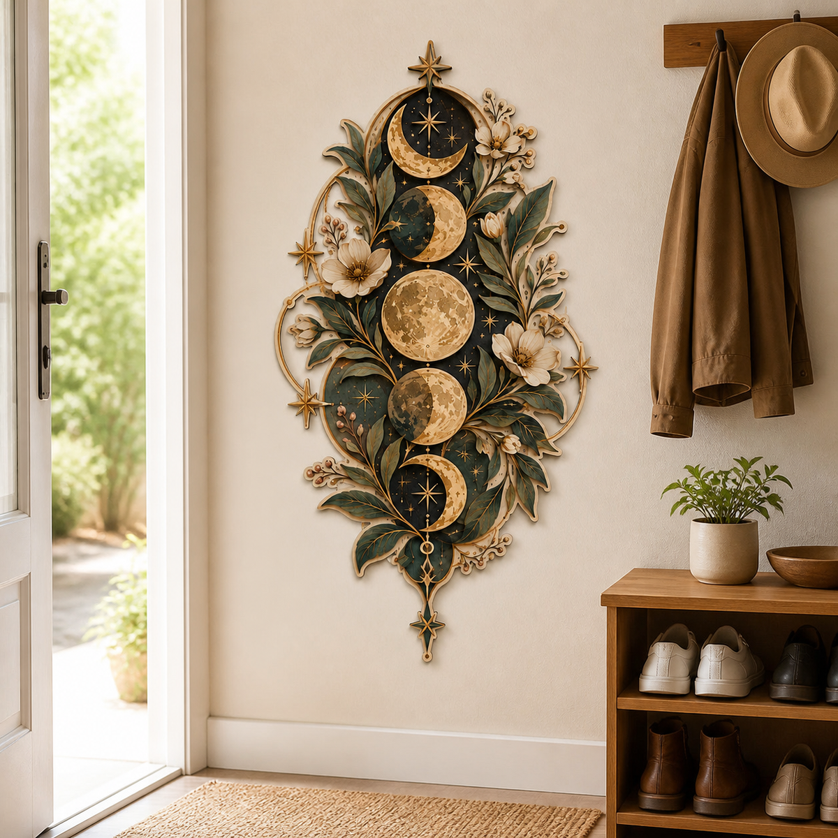 Gold Moon Phase Wooden Sign Crescent Full Moon Floral Gold Leaf Decor