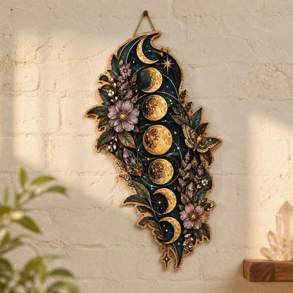 Gold Moon Phase Wooden Sign Purple Flowers Moth Celestial Decor