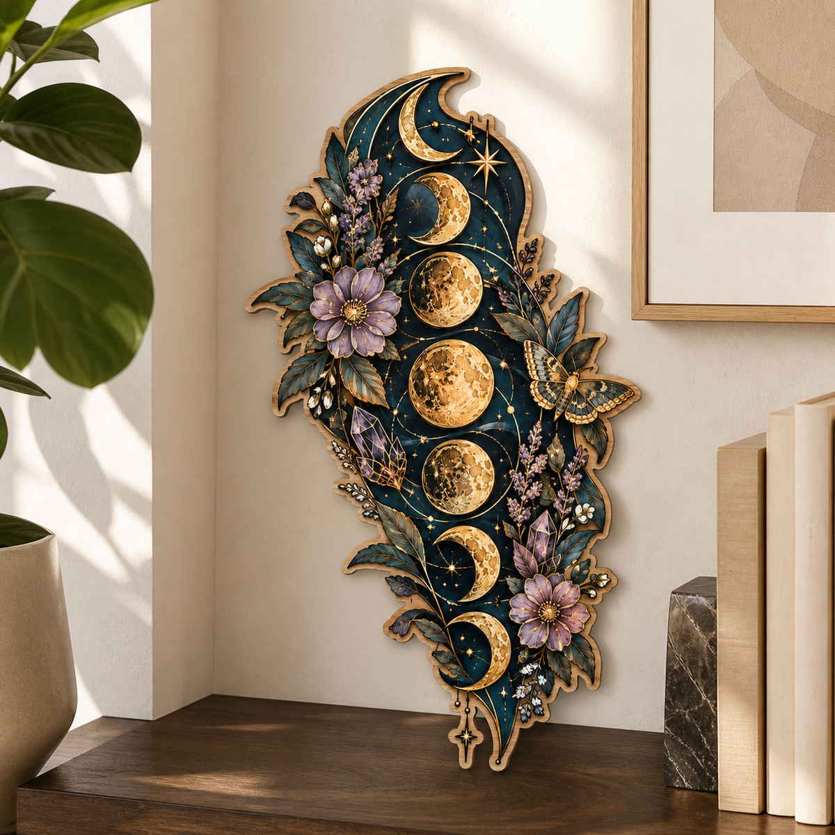 Gold Moon Phase Wooden Sign Purple Flowers Moth Celestial Decor