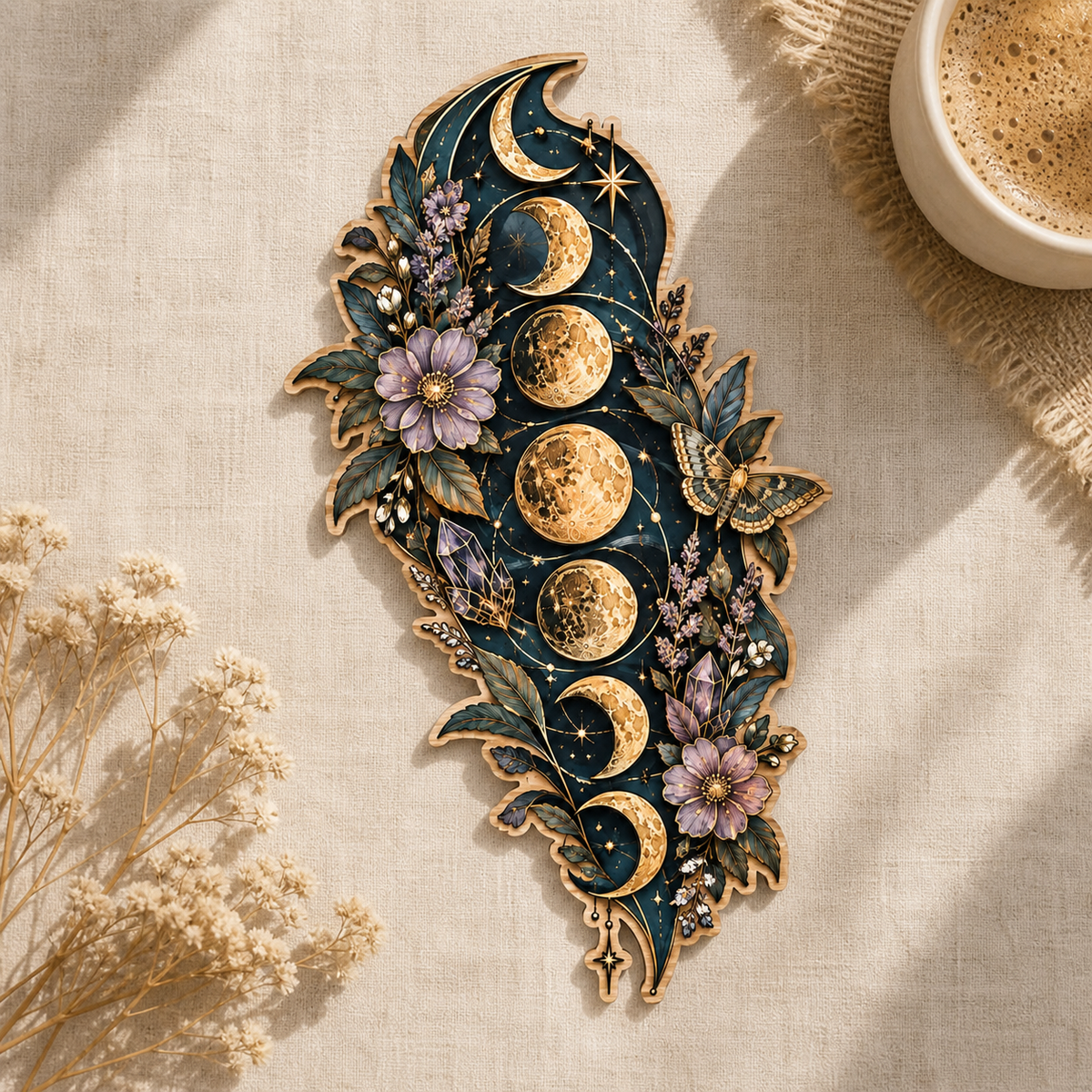 Gold Moon Phase Wooden Sign Purple Flowers Moth Celestial Decor