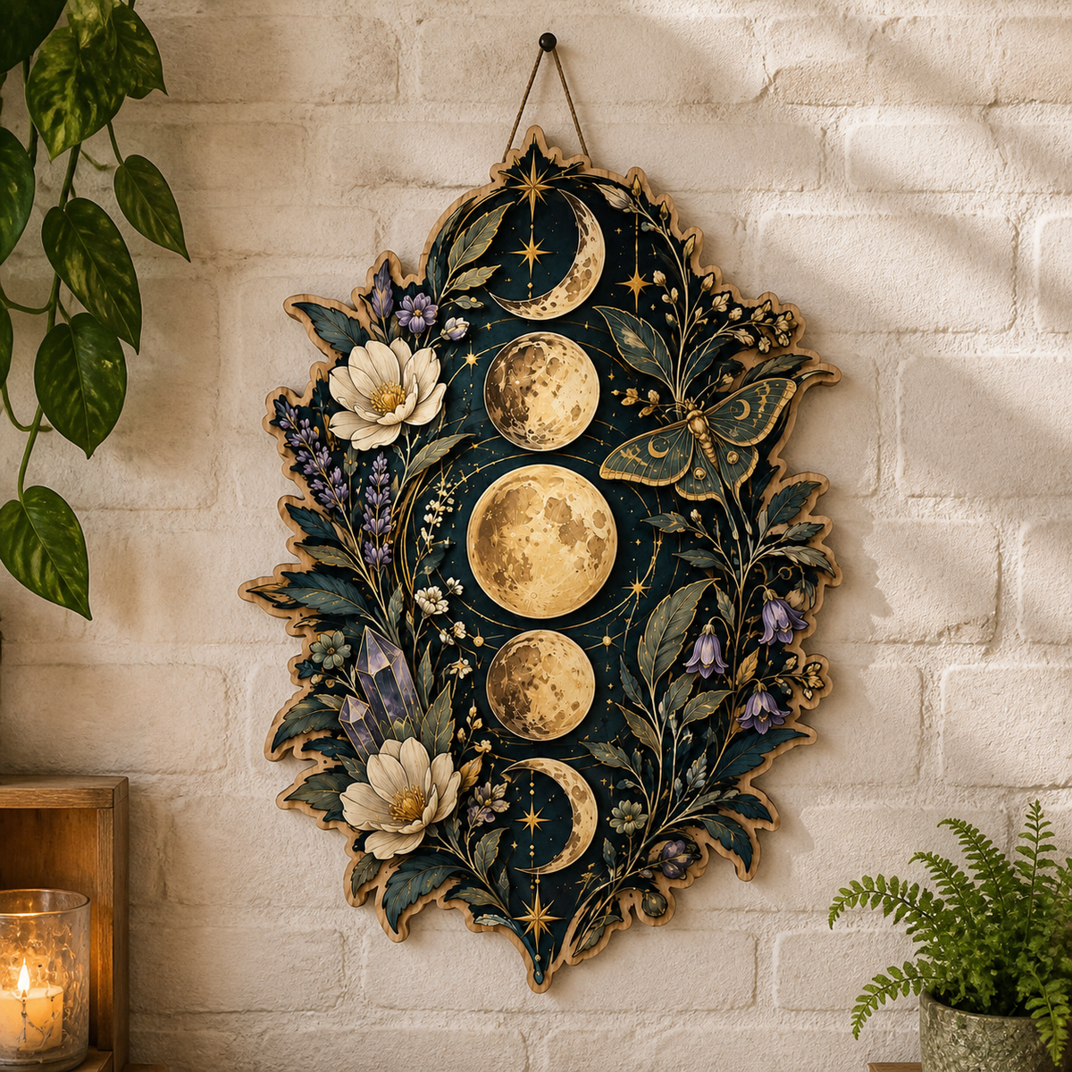 Gold Moon Phase Wooden Sign, Green Luna Moth White Blooms & Crystal Decor