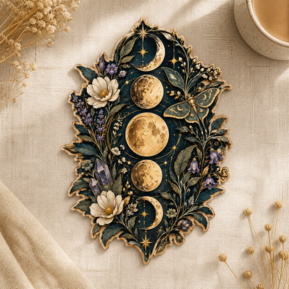 Gold Moon Phase Wooden Sign, Green Luna Moth White Blooms & Crystal Decor