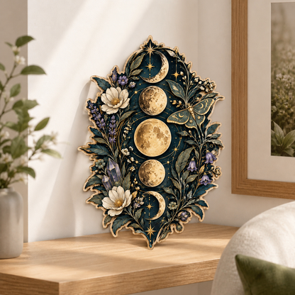 Gold Moon Phase Wooden Sign, Green Luna Moth White Blooms & Crystal Decor
