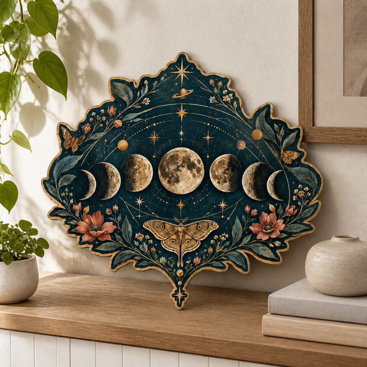 Gold Moon Phase Wooden Sign, Lunar Cycle Wall Art, Moth & Botanical Floral Decor