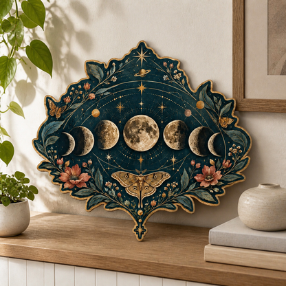 Gold Moon Phase Wooden Sign, Lunar Cycle Wall Art, Moth & Botanical Floral Decor