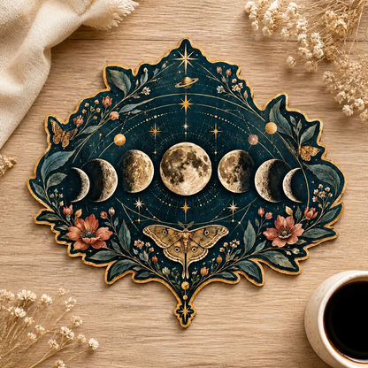 Gold Moon Phase Wooden Sign, Lunar Cycle Wall Art, Moth & Botanical Floral Decor