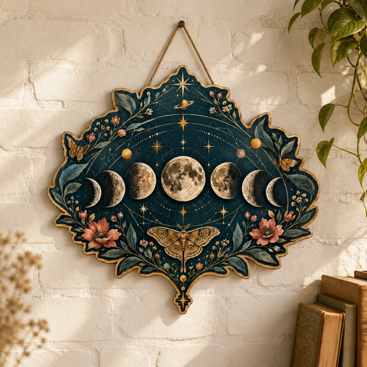 Gold Moon Phase Wooden Sign, Lunar Cycle Wall Art, Moth & Botanical Floral Decor