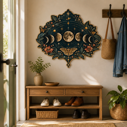 Gold Moon Phase Wooden Sign, Lunar Cycle Wall Art, Moth & Botanical Floral Decor